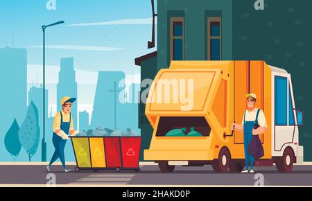 Two workers in uniform loading waste from trash containers into garbage truck cartoon vector illustration Stock Vector