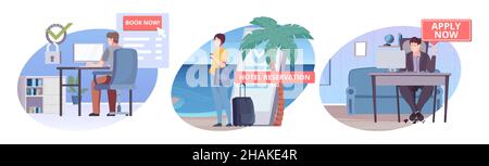 Book now set of three isolated compositions with characters of tourist on beach agent in office vector illustration Stock Vector