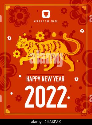 Chinese tiger 2022 zodiac sign vertical poster with editable text and ornate flowers with tiger character vector illustration Stock Vector