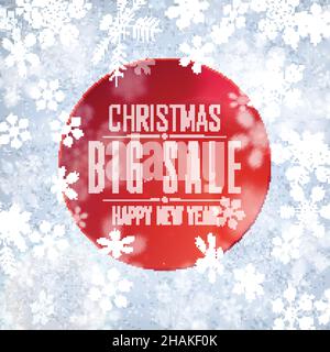 Christmas big sale advertisement in red circle on flat background with snowflakes vector illustration Stock Vector