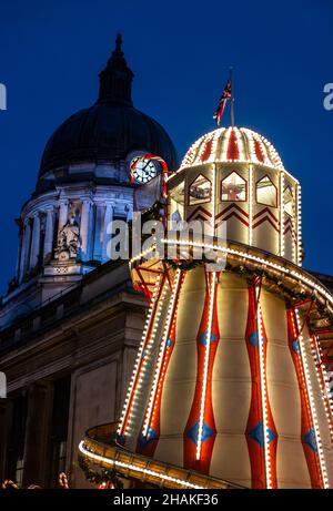 Christmas in the Old Market Square the Helter Skelter and Christmas tree. Nottingham, England, UK Stock Photo