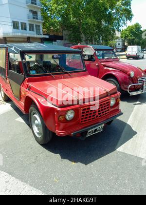 BUENOS AIRES, ARGENTINA - Nov 08, 2021: red Citroen Mehari 1970s lightweight recreation and utility vehicle, plastic body fabric convertible top. Expo Stock Photo