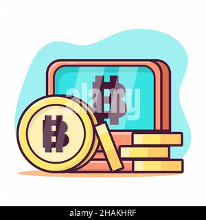 coin with computer for bitcoin concept symbol vector illustration in flat style Stock Vector