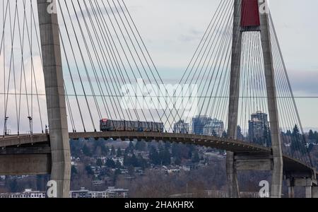 The SkyBridge is a cable stayed bridge for sky trains between New Westminster and Surrey. Stock Photo