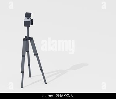 Digital camera, a digital art of mirrorless camera with flashlight and metal steel tripod in black & white retro style isometric voxel raster 3D illus Stock Photo