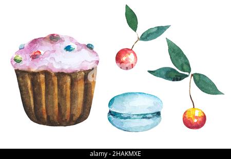 Set of cake muffin, macaroon and cherry isolated on white background. Hand drawn watercolor illustration.  Stock Photo