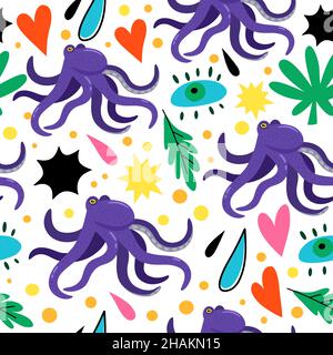Psychedelic seamless pattern with doodle colorful design elements. Abstract simple shapes, hearts and octopus. Stock Vector