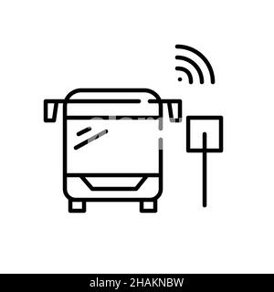 Smart public transportation. Bus with wireless sensors on a bus stop. Pixel perfect, editable stroke icon Stock Vector