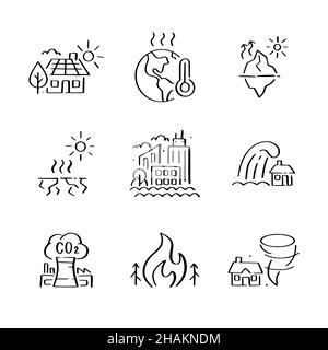 Global warming effects and prevention. CO2 emission, forest fires, hurricanes and drought. Doodle style icons Stock Vector