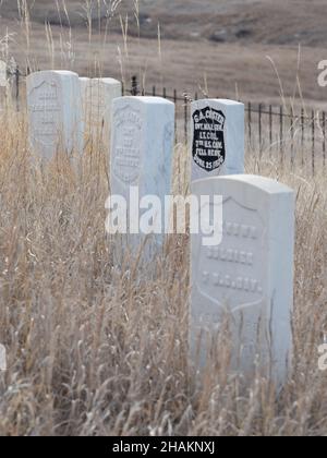 Close Up of White Marble Tombstones of George Custer and 7th Cavalrymen at Little Bighorn Battlefield National Monument in Montana with dried grass in Stock Photo