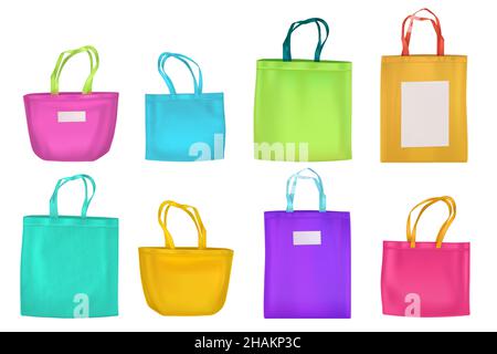 Colored cotton eco bags, fabric tote different shapes. Vector realistic mockup of textile reusable ecobags for shopping and beach with handles and blank labels isolated on white background Stock Vector