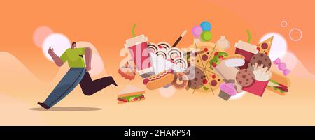 man running away from junk food assortment of fast food unhealthy nutrition junkfood addiction concept Stock Vector