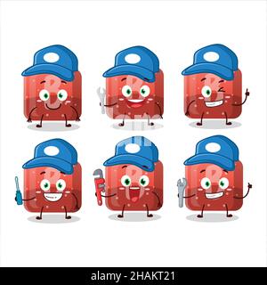 mechanic red gummy candy B cute mascot character with pliers. Vector illustration Stock Vector