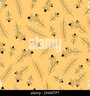 Seamless pattern with contours of chamomile and twigs on a yellow background Stock Vector