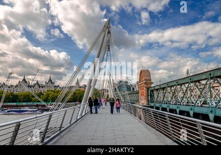 London, UK - September 15 2018: The Golden Jubilee Bridge aka Hungerford bridge from the south end. Charing Cross railway station, Victoria Embankment Stock Photo