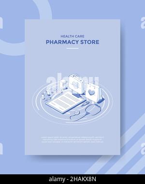 pharmacy store concept with outline isometric style vector illustration ...