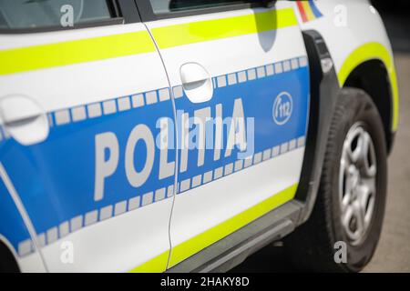 Highway 2 Bucharest - Constanta, Romania - 10 August, 2021: Shallow depth of field (selective focus) image with a Romanian Police car. Stock Photo