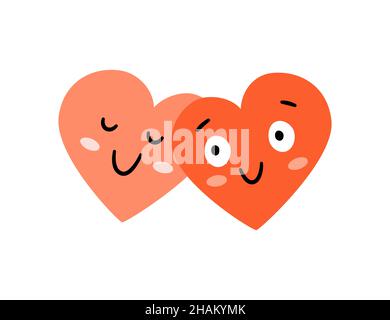 Cute couple of hearts kawaii characters. Hand drawn pair of hearts. Symbol of love. Vector illustration isolated on white background Stock Vector