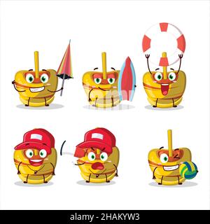 Happy Face yellow sugar candy cartoon character playing on a beach. Vector illustration Stock Vector