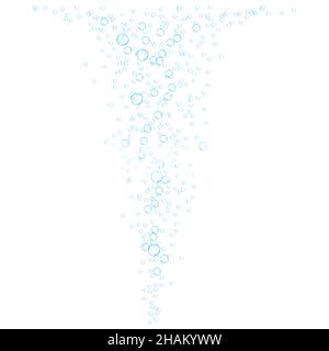 Underwater bubbles of fizzing soda. Streams of air. Dissolving tablets. Realistic oxygen pop in effervescent drink. Blue vector sparkles on white back Stock Vector