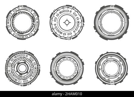 HUD futuristic elements. Abstract optical aim. Circle geometric shapes for virtual interface and games. Camera viewfinder for sniper weapon. Vector se Stock Vector