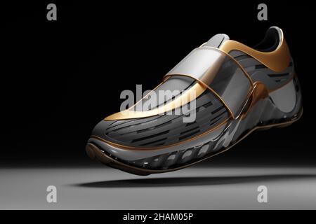 Realistic sports sneakers with black and gold inserts and khaki colors for training and fitness on a black background, fashion sneakers, 3D illustrati Stock Photo
