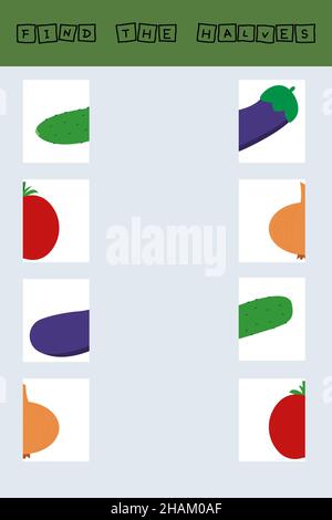Match the halves of the vegetables cucumber, tomato, eggplant, onion. Educational game for children. Stock Photo