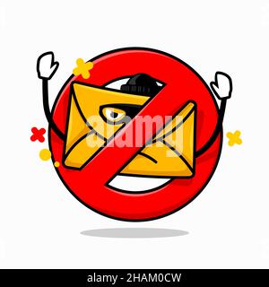 blocked email concept. isolated cute mail cartoon bad guy face inside red crossed circle vector illustration Stock Vector