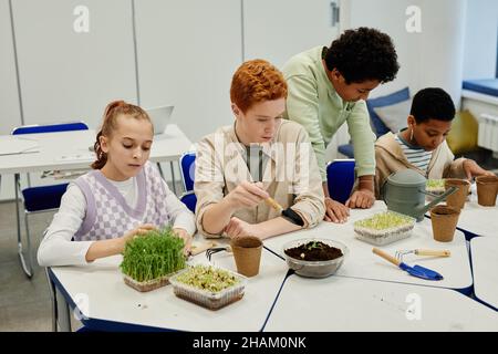 Diverse group of children planting seeds while experimenting at biology class in school Stock Photo