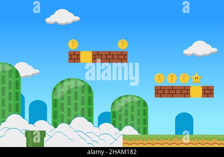 Vector flat birthday invitation with super mario. Cartoon-style background template. Illustration with elements for the game Stock Vector