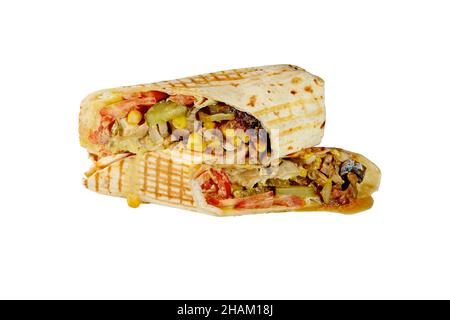 Burrito in tortilla with chicken, aioli sauce, pickled cucumber, mushrooms, tomato and corn Stock Photo