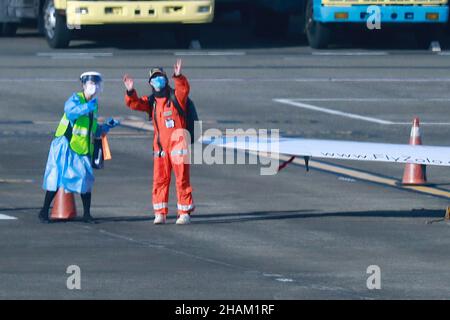 Taipei, Taipei, Taiwan. 14th Dec, 2021. The 19-year-old British-Belgian pilot Zara Rutherford waves to the media after touching down at Song Shan International Airport in Taiwan. Zara Rutherford attempts to become the youngest woman to fly solo around the world and be the first Belgian and the first woman to circumnavigate the world in a single engine aircraft by traveling to 52 countries across 5 continents, including the US, UK, South Korea, India and Taiwan, in order to break the Guinness World Records. (Credit Image: © Daniel Ceng Shou-Yi/ZUMA Press Wire) Stock Photo