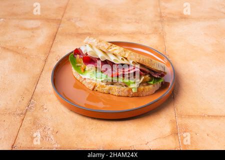 Healthy Turkey Sandwich with avocado meat and cheese on round plate Stock Photo