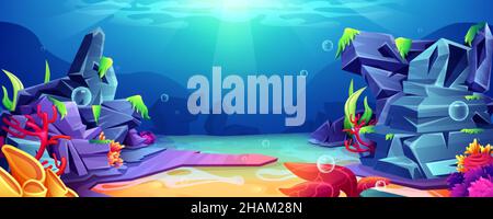 Coral reef ocean underwater background. Undersea landscape with sand bottom, seaweeds on rocks and turtle. Marine life on deep with falling sunlight beam and air bubbles. Sea aquatic world concept. Stock Vector