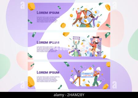Lottery win flat web banner set. Lucky winners playing lotto, take part in prize drawing, hit jackpot and receive money prize in gambling games. Happy people winning prizes. Luck and fortune concept. Stock Vector