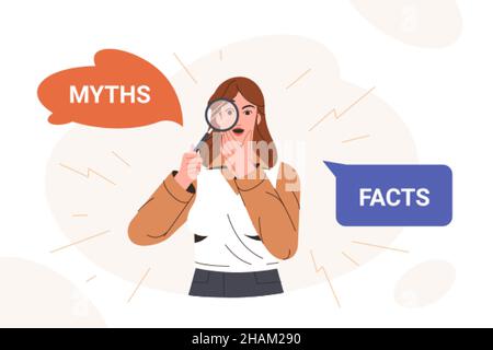 Myths and facts flat vector illustration. Amazed woman looking through magnifying glass and thinking or comparing between truth and false. Fake news versus true and honest. Concept of fact checking. Stock Vector