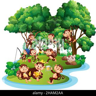 Isolated island with many monkeys cartoon illustration Stock Vector ...