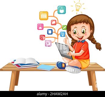 Young girl using tablet with education icons illustration Stock Vector