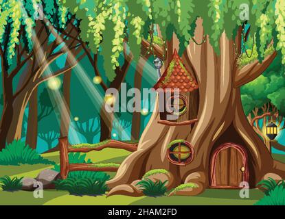Fantasy forest scene with hollow tree house illustration Stock Vector ...