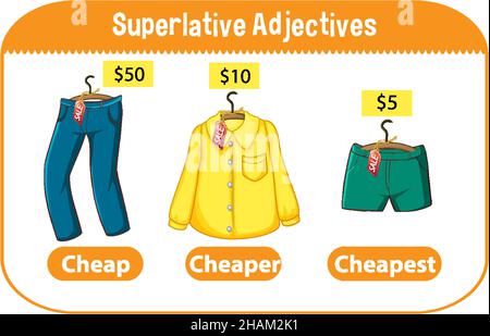 Superlative Adjectives for word cheap illustration Stock Vector