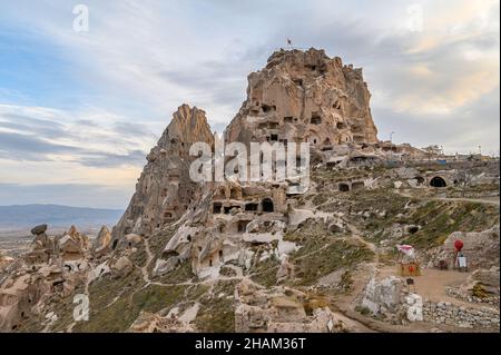 Uchisar Castle, town in Cappadocia, Turkey near Goreme. Cappadocia landscape and valley with ancient rock formation and caves. Stock Photo