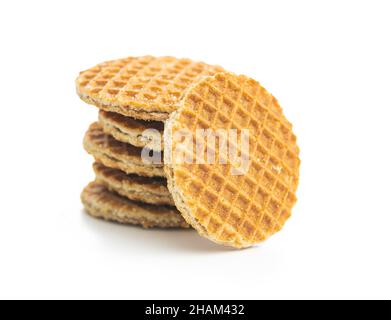 Sweet caramel mini waffles isolated on white background. Stock Photo