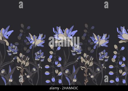Vector floral seamless pattern, border. Horizontal panoramic design with blue flowers with dark gray leaves. Stock Vector