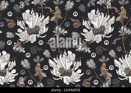 Vector floral seamless pattern. White flowers with brown and gray leaves on an anthracite colored background.  Stock Vector