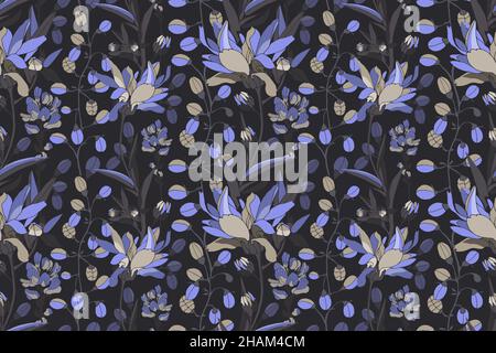 Vector floral seamless pattern. Blue flowers with dark gray leaves on an anthracite colored background.  Stock Vector