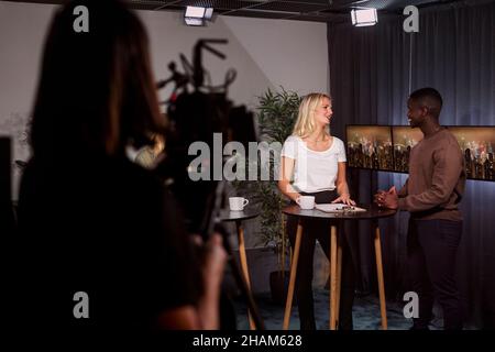 Filming of TV program in studio Stock Photo