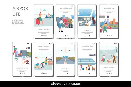 Big set of airport life applications. Working airport services, security and passengers. Flat Art Vector illustration. Stock Vector