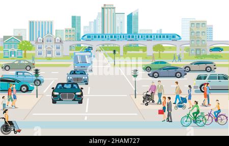Big city with pedestrians and road traffic, illustration Stock Vector ...
