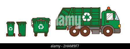 Garbage truck and green recycle garbage bins Stock Vector