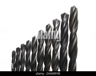 Metal drill bits set isolated on white background with copy space Stock Photo